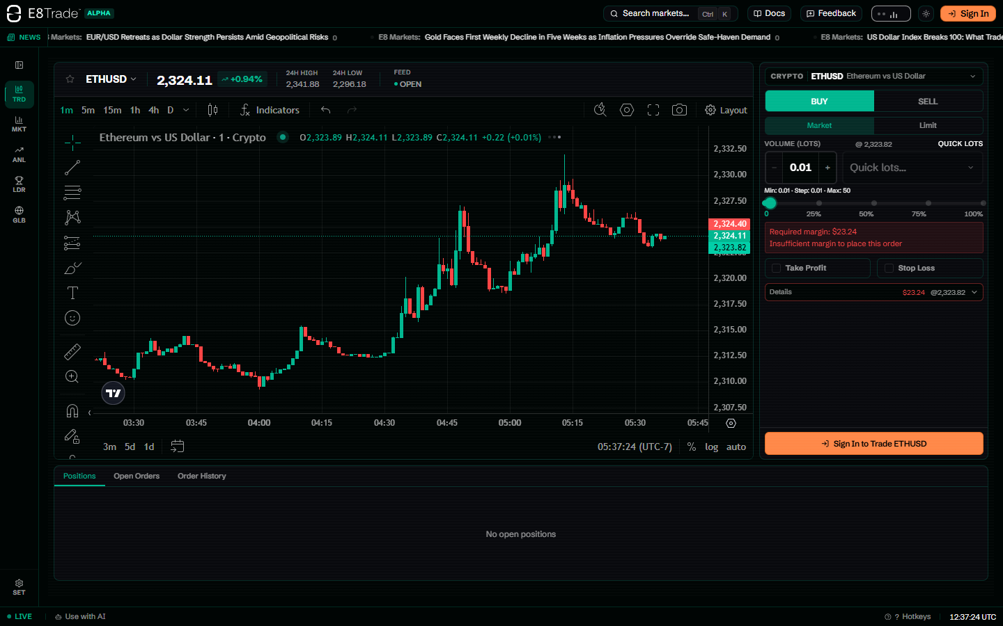 E8 Markets terminal header and sidebar showing platform controls and navigation features